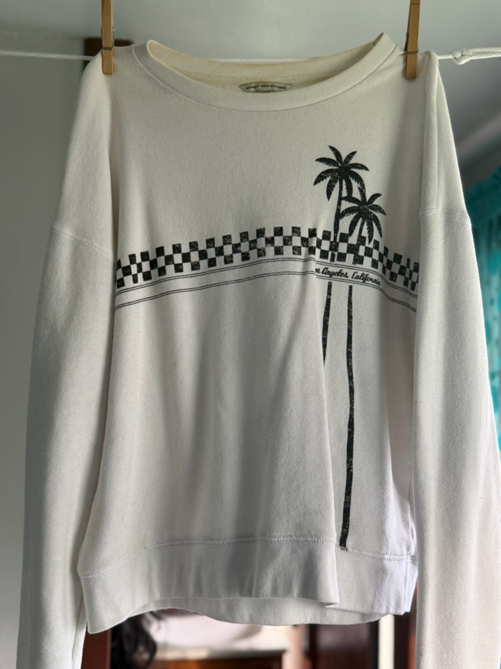 American Eagle Outfitters Cream Crewneck with Black Palm & Check Graphic